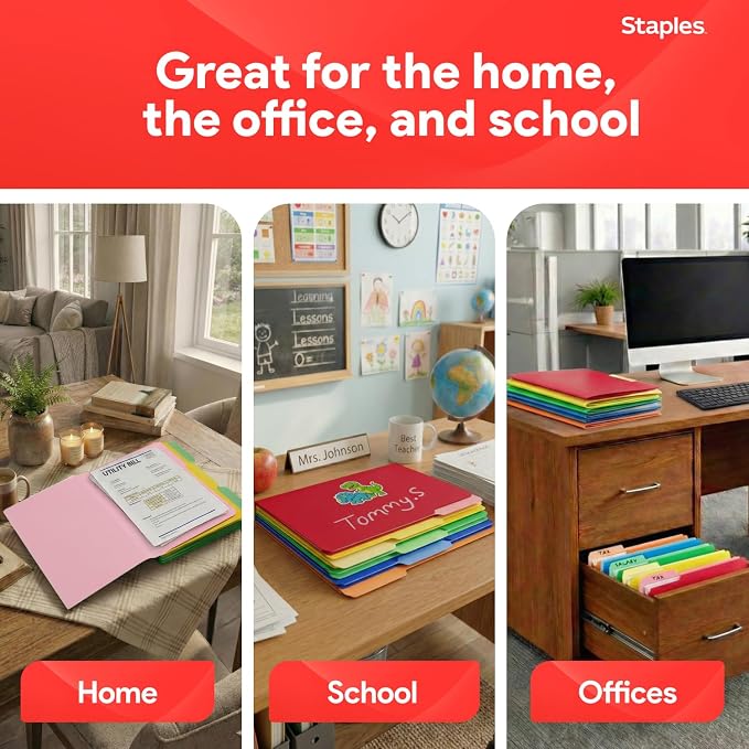 Staples Colored File Folders, Letter Size, 3-Tab Top-Tab, 100/Pk | Durable 10.5-point paper stock for everyday office document filing.