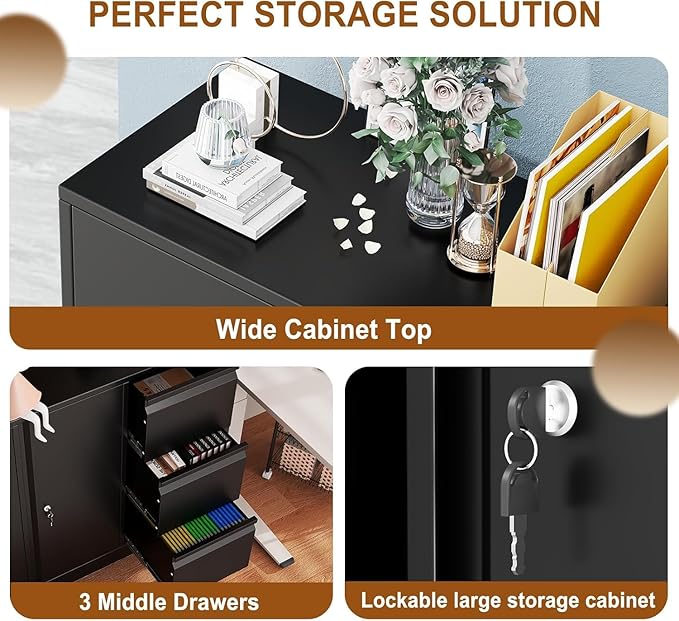 47"H 3 Drawer Rolling Metal File Cabinet,Lateral Filing Storage Cabinets,Office Cabinet with Adjustable Shelf & Wheels, Mobile Lockable File Folders for Hanging Files Letter/A4 Size,Livng Room,Black