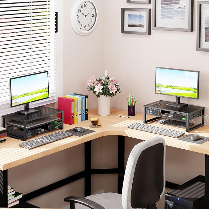 Simple Trending Metal Monitor Stand Riser and Computer Desk Organizer with Drawer for Laptop, Computer, iMac, Black | 16"W x 10"D x 6.25"H. Sturdy Metal Frame. 2-tier + drawer. Holds 66 lbs. Anti-slip. Fits laptop, monitor, iMac. Easy assembly