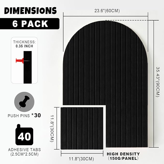 Markdang Large Arched Felt Bulletin Board 35" x 24", 6 Pack Cork Boards Alternative for Walls with 30 Pins, 40 Adhesive Tabs, Pin Board Tiles for Home Office Classroom Decor, Photos Display (Black)