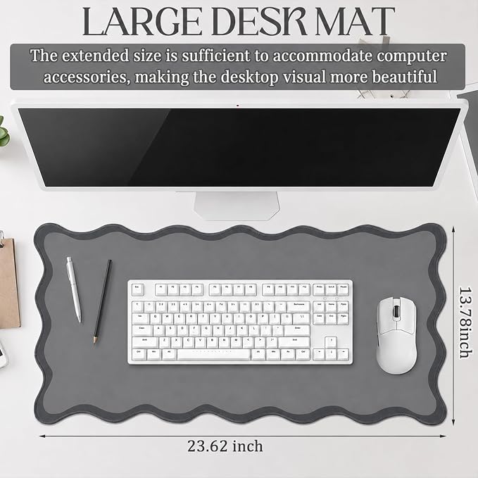 Hahafelt Scalloped Desk Mat Waterproof,Grey,31.5 X 15.8 Inches | Coquette Preppy Style for School Office Makeup Vanity, Nonslip Gaming Desktop Protector with Scalloped Stitched Edge Mat