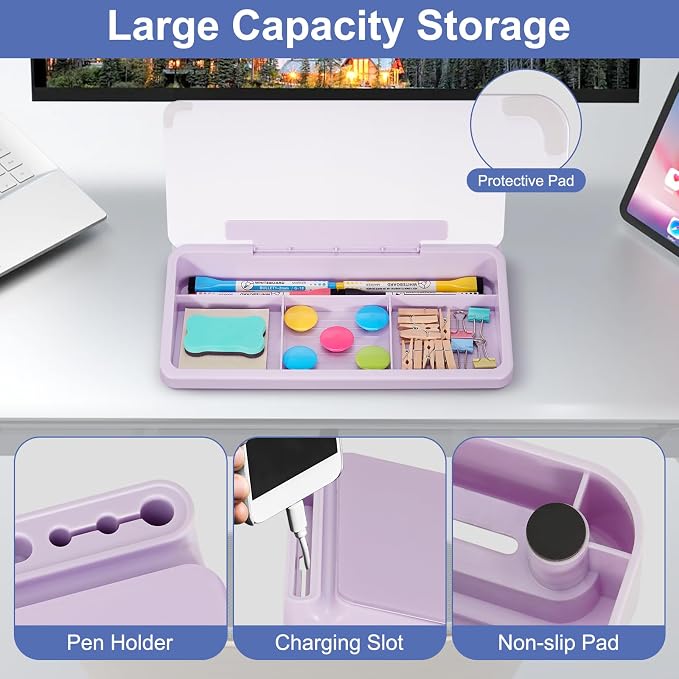 DOLLAR BOSS 12"x7" Small Glass Desktop Whiteboard, Purple | Dry Erase Board with Storage Drawer, Computer Keyboard Stand, Desk Organizer, Office Accessories, School Supplies