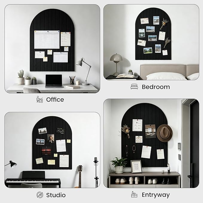 Arched Felt Bulletin Board (Black), 35"x24" Large Wall Decor | 6 Pcs Self-Adhesive Tiles with Push Pins, Felt Cork Board Alternative for Home Office Classroom Decor