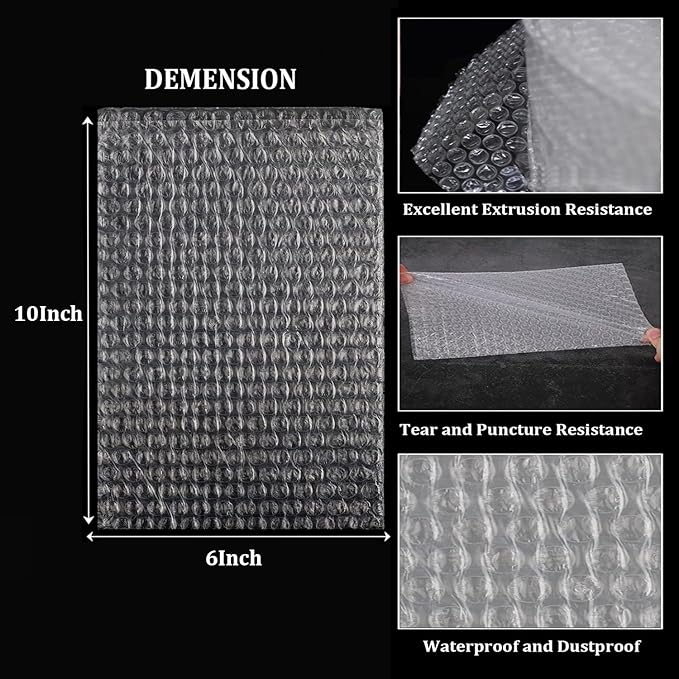 50 Pack Bubble Cushion Wrap Pouches, Ailengy 6x10 Inches Bubble Out Bag, Double Walled Cushioning Bags Thickening Shockproof Foam Bags for Shipping, Storage, and Moving