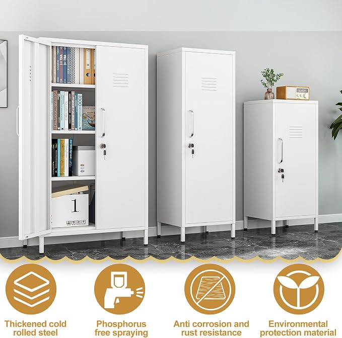 Metal Storage Locker,47" H Home Office Storage Lockers for Employees with 1 Locking Door ＆ 3 Adjustable Shelves,File Storage Cabinets forGarage, School, Office, Gym (White)
