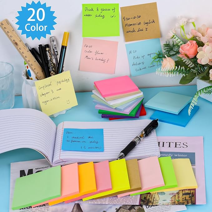 100 Pack Sticky Notes 3x3 Inch Colorful Self Stick Note Pads | 20 Colors, 50 Sheets Each, Self Stick Paper, Color Coding, Office Supplies, School, Home, Meetings, Reminders