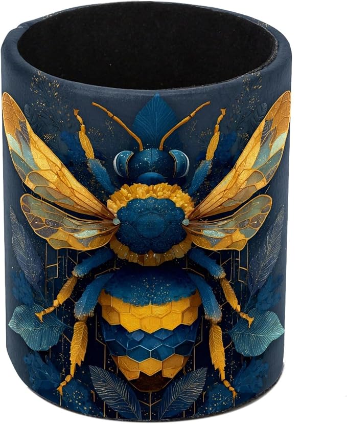 Leather Pen Holder for Desk, Bee Pencil Cup Pen Organizer Makeup Brush Holder for Office Home Kids Countertop Desk Accessory Storage