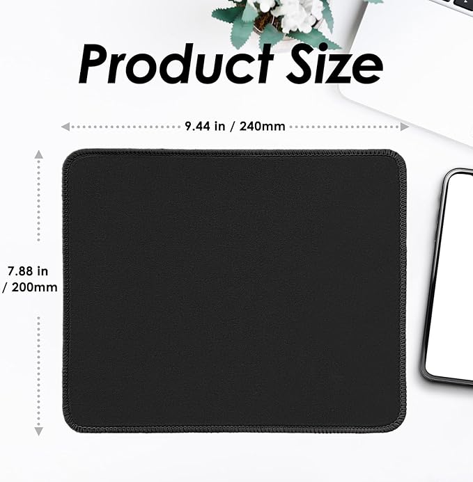 Mouse Pad with Stitched Edges - Classic Black Mousepad Set for Women, 9.25 x 7.75 inch Washable Desk Pad, Non-Slip Rubber Base, Office Home Laptop Accessories - Classic Black-2 Pack