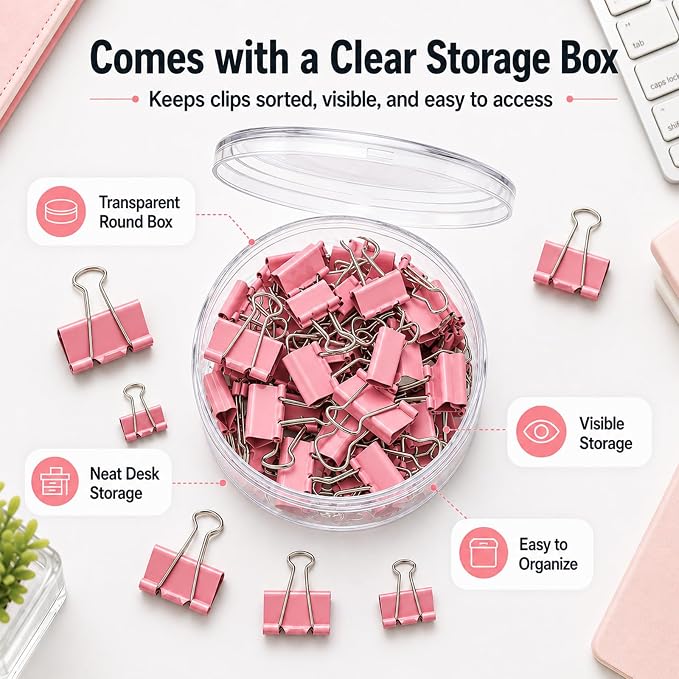 Binder Clips Assorted Sizes, Morandi Colors, Durable Metal Binder Clips for Office, Cute Desk Supplies for Teachers Student (Pink - 1 Box) | 1 Box of Colored Paper clips and Binder Clips, Cute Office Supplies, Desk Accessories, Black, Pink