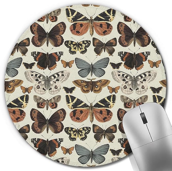 Butterfly Round Mouse Pad, Vintage Light Academia Insect Butterfly and Moth Aesthetic Mousepad Mat for Home Office Computer Laptop Desk Accessories 7.9x7.9 in