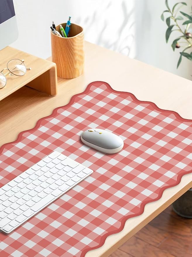 Scalloped‌ Checkered Gingham Desk Mat Cute Red XXL Large Mouse Pad Kawaii Cottagecore ‌Vintage‌ Rustic Girly Keyboard Computer Mat Pad Aesthetic Cozy Office Desk Decor for Women