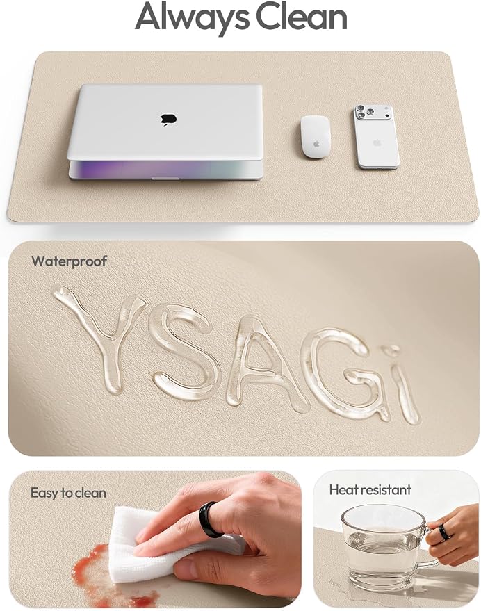 YSAGi Leather Desk Protector, Office Mat, Large Mouse Mat, Non-Slip PU Leather Blotter, Laptop Pad, Waterproof Writing Pad for Office and Home (Eggshell, 47.2" x 23.6")
