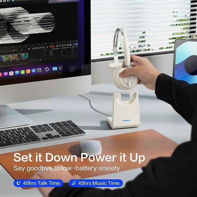 Bluetooth Headset, Wireless Headset with Mic for Work, Noise Cancelling Microphone, USB Dongle,Charging Stand, Mute Button for PC, Zoom, Teams, Office & Call Center, Cell Phones, Work from Home
