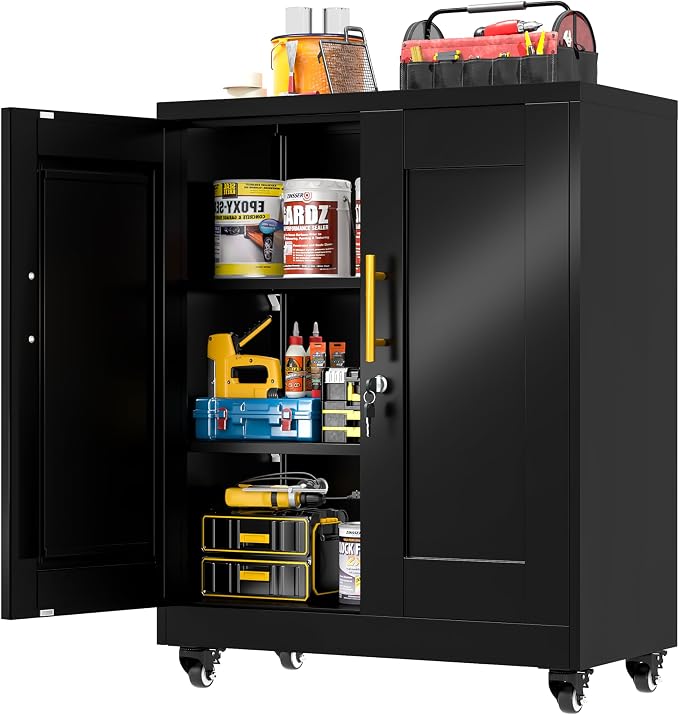 GAIOUS Metal Storage Cabinet with Lock and Wheels, Steel Tool Cabinet | with 2 Door and 2 Adjustable Shelves, 35” Tall Lockable File Cabinet, Garage Cabinet, Rolling Cabinet for Home Office - Black