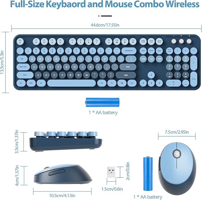 Wireless Keyboard and Mouse Set, Retro Typewriter Sea Blue | 1600DPI Full Size With Number Pad & Mouse,Compatible With All Windows,Ideal For Computer, PC, Notebook, Laptop