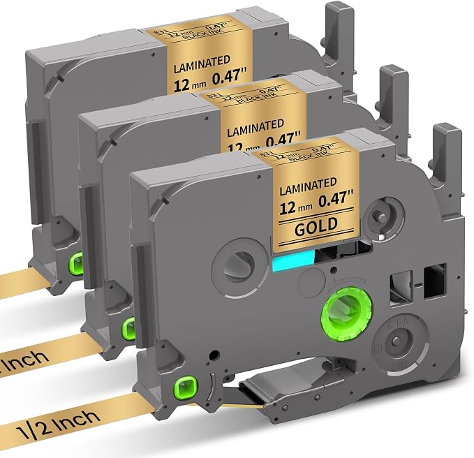 Gold Label Tape Replacement for Brother P-Touch Label Maker Tape TZe-831 | Black on Gold TZ 12mm 0.47" Laminated for Ptouch PT-D210 D220 D200 Refills, 12 mm(1/2 Inch) x 8m(26.2ft), 3 Pack