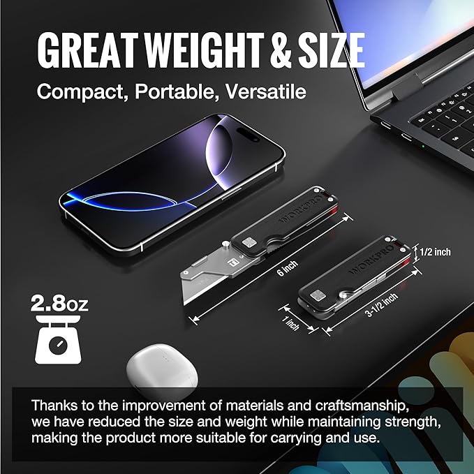 WORKPRO Premium Titanium Utility Knife, CNC Unibody, Lightweight G-10Handle Folding Box Cutter, Quick Change Blade Razor Knife,Ideal Gifts for Men Women, with 10 Extra Blades