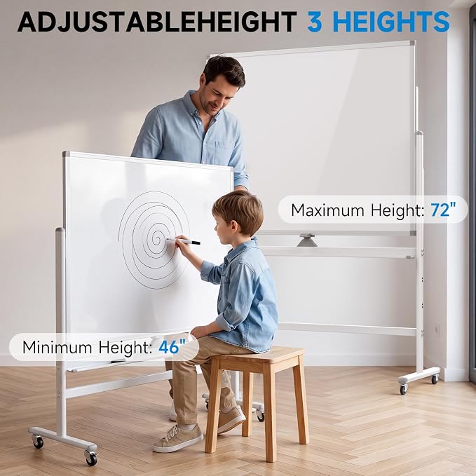 Mobile Rolling Whiteboard on Wheels 60"x 48" Double-Sided Magnetic | One-Piece Seamless Dry Erase Board with Aluminium Frame Stand, 3-Level Height Adjustable for Classroom, Office & Home (White)