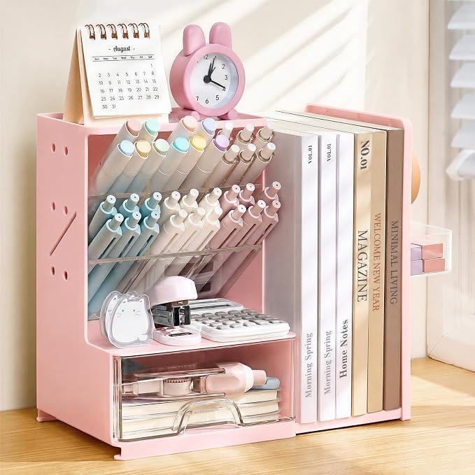 Sooez Desk Organizer with Bookends, Pegboard & Drawer, Pen & Pencil Holder | Desk Accessories with 5 Compartments, Teacher School Office Supplies, Dorm Room Organization Storage for Sticky Notes, Pink