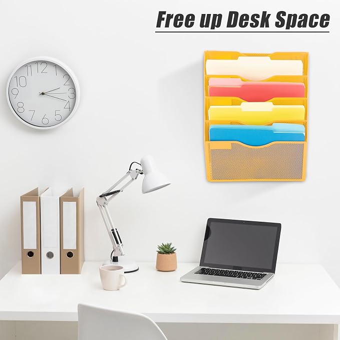 5 Pocket Mesh Hanging Wall File Organizer, Wall Mounted Mail Paper Document Folder Holder, Clipboard Storage Organization Magazine Rack with Nametag Label for Office Home School, Yellow