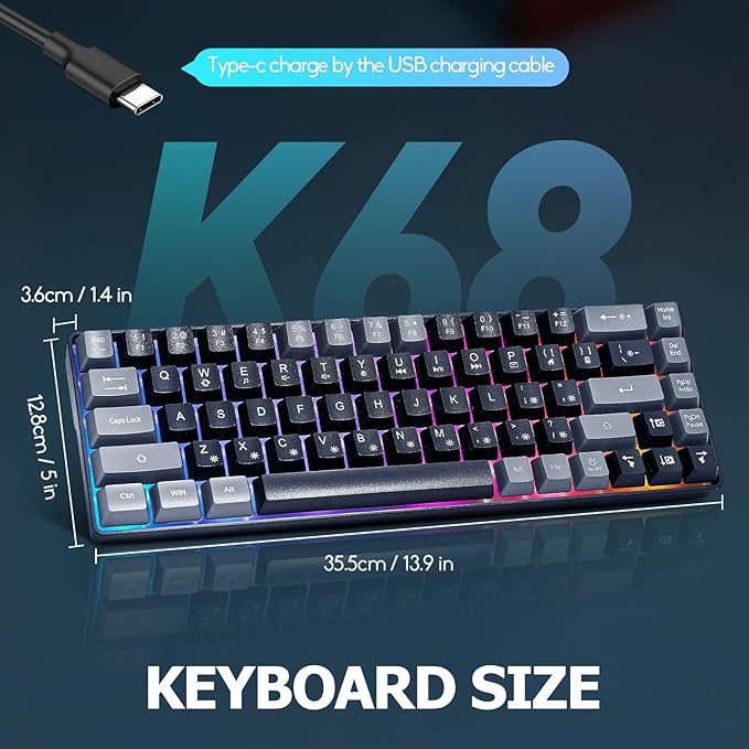 Wired Portable 60% Mechanical Feeling Gaming Keyboard,RGB LED Backlit Compact 68 Keys Mini Wired Office Keyboard for Windows Laptop PC Mac Gamer, Typist, Travel on Business Trip Black–Grey
