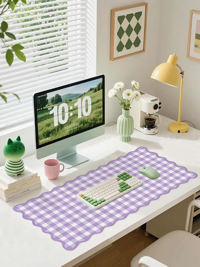 Scalloped‌ Purple Checkered Gingham Desk Mat Cute Pastel Large Mouse Pad Kawaii Cottagecore ‌Vintage‌ Girly Laptop Keyboard Computer Mat Pad Aesthetic Cozy Office Desk Decor for Women