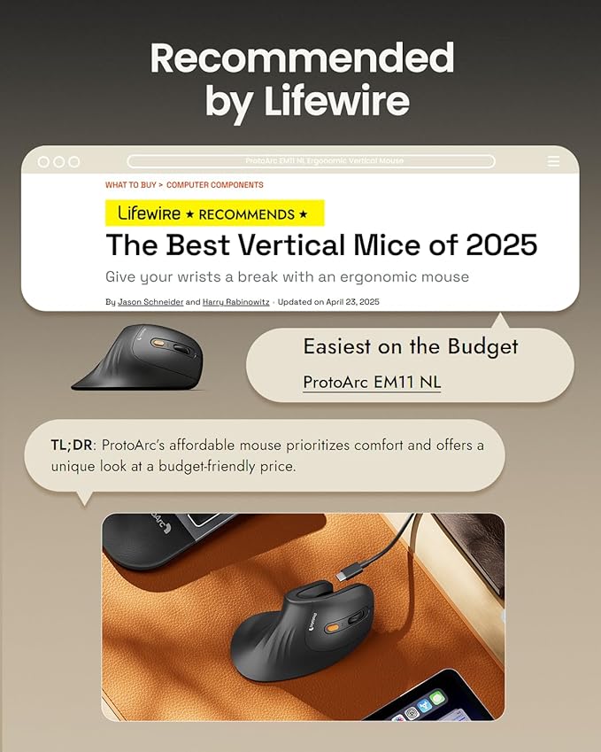 ProtoArc EM11 NL Wireless Ergonomic Vertical Mouse, Rechargeable, Wine Red | 58° vertical design supports a natural wrist posture, connect 3 devices via Bluetooth/2.4G USB-A, 500mAh USB-C rechargeable.