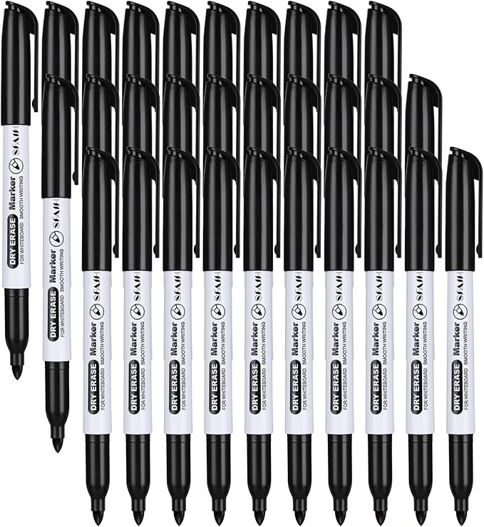 SFAIH Fine Tip Dry Erase Markers - 30 Pack Black Whiteboard Erasable Markers Bulk, Ideal for Classroom School Office Home Use on White Board, Non-Toxic Easy Clean