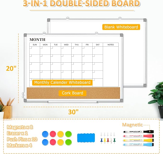Monthly Dry Erase Calendar Whiteboard with Corkboard, 30" x 20", Silver | Magnetic, White Board Cork Board Combo, Double Sided, Wall Mounted, Aluminum Frame, for Home, Office, Kitchen, Dorm