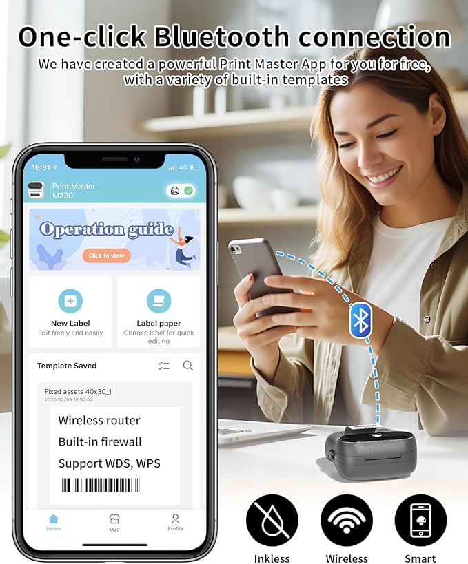 Phomemo Label Printer, M220 Thermal Bluetooth Barcode Label Maker, for Home, Office, School with Printer Case, Compatible with Phone & Laptop