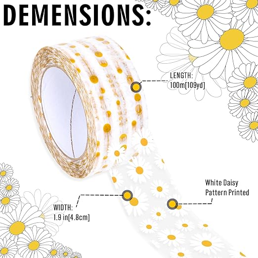 Whaline 109 Yard Groovy Daisy Packing Tape White Boho Flower Pattern Tape Waterproof Floral Shipping Tapes for Small Business DIY Crafts Box Carton Decor
