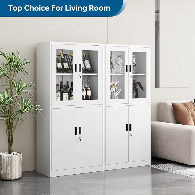 PEUKC Display Storage Cabinet with Glass Door, 71 Inches Metal Curio Cabinet with 2 Adjustable Shelves, Locking Glass Display Case for Home, Office, Clinic, Pantry, Assemble Required(White)