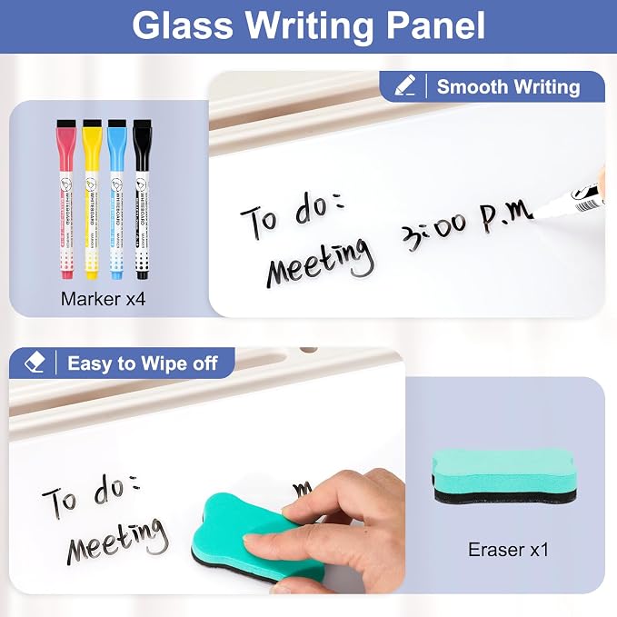 DOLLAR BOSS 12"x7" Small Glass Desktop Whiteboard, White | Dry Erase Board with Storage Drawer, Computer Keyboard Stand, Desk Organizer, Office Accessories, School Supplies