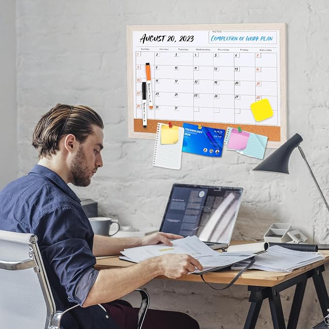 White Board Calendar Dry Erase Board for Wall, Magnetic WhiteBoard, 17"x13" | Hanging Board, White Wood Frame White Board and Cork Board Combo, Calendar Bulletin Board for Kitchen Planner Memo Office
