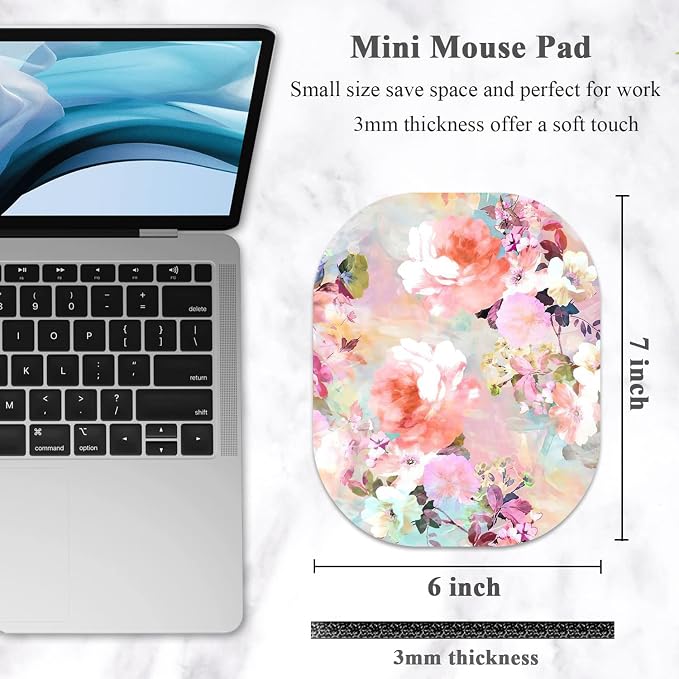 Small Mouse Pad 6 x 7 Inch, Oval Mini Mouse Pad with Non-Slip Rubber Base, Waterproof Compact Mouse Mat for Laptop Computer Wireless Mouse Keyboard Tray Home Office Travel, Peonies Floral