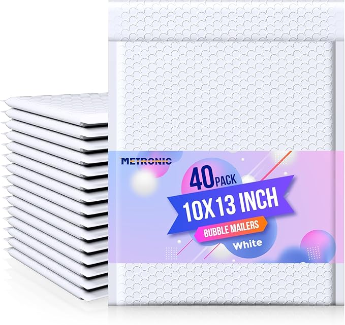 Metronic Bubble Mailer 10x13" White 40 Pack, Poly Padded Envelopes Waterproof Shipping Bags for Clothing, Self Seal Cushioning Mailers for Shipping Books, Jewelry, Makeup Supplies