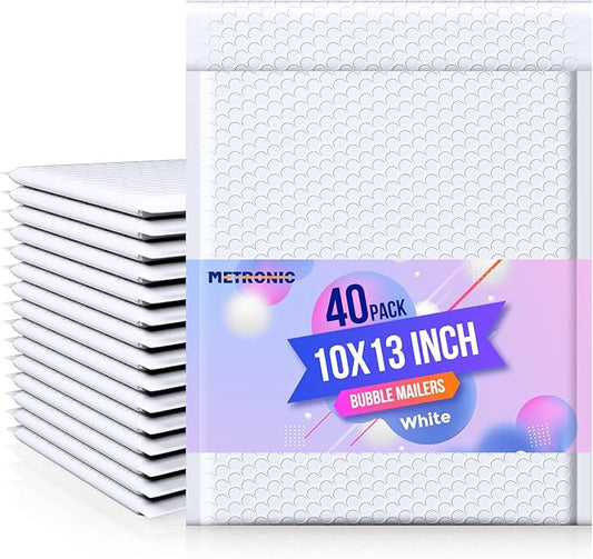Metronic Bubble Mailer 10x13" White 40 Pack, Poly Padded Envelopes Waterproof Shipping Bags for Clothing, Self Seal Cushioning Mailers for Shipping Books, Jewelry, Makeup Supplies
