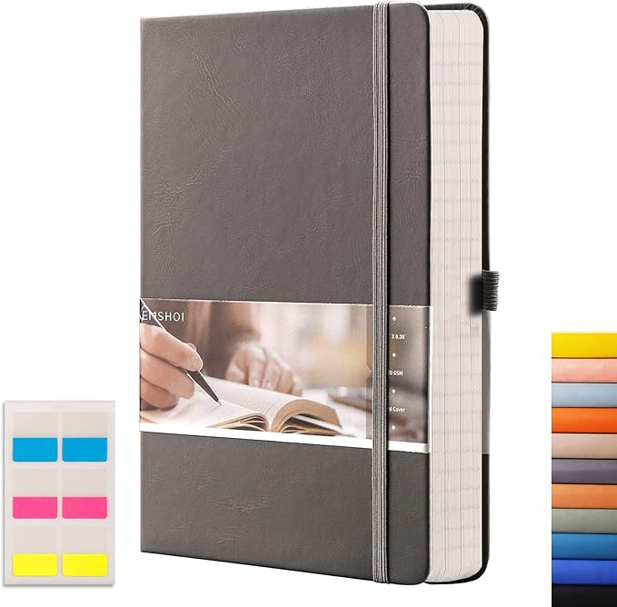 EMSHOI Graph Paper Notebook, 256 Pages 120 GSM Thick Paper, A5 Small 5.75"x8.38", PU Leather Hardcover Journal, 5mm Grid Notebook for Work School Math Engineering Writing Graphing, Dark Grey