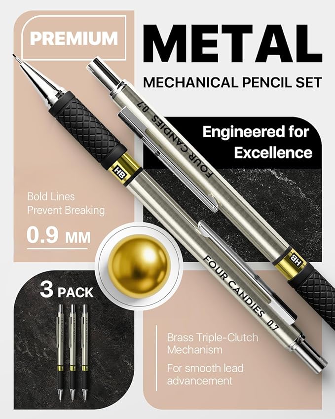 3PCS Metal Mechanical Pencil Set with 0.9mm Bold Point, 360 Leads, 12 Erasers, Art Mechanical Pencils Pack with Storage Case for School Writing, Sketching, Drawing & Professional Drafting