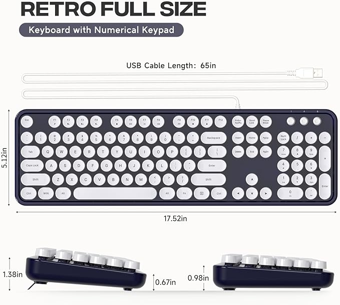 Computer Keyboard Wired, Plug and Play USB Retro Round Typewriter Keyboard, Full Size Wired Keyboard with Foldable Stands for Laptop and Office PC