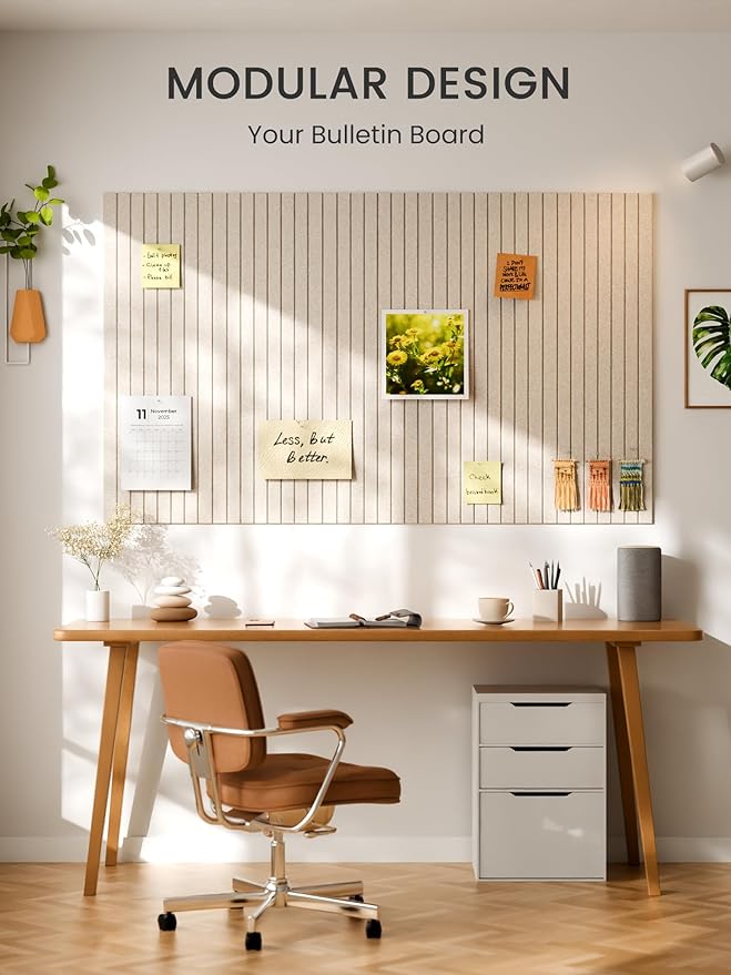 Bumusty Large Cork Board Alternative-48 x 36" Felt Bulletin Board Tiles, with 30 Pushpins, 70 Adhesive Tabs, 12-Pack Slat Wall Paneling, Cork Boards for Office Push Pin Board Felt Board-Oatmeal