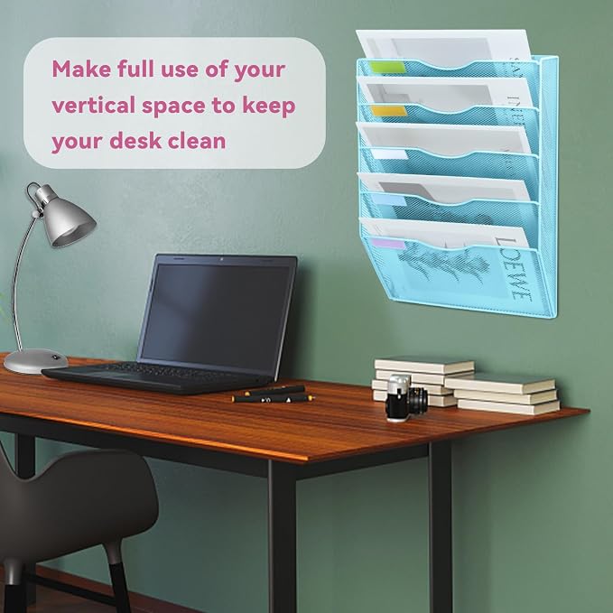 5 Pockets Mesh Wall File Holder Organizer Office Hanging File Folder Magazine Rack, Nametag Label Hooks Set Included (Blue)