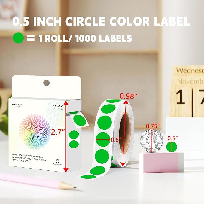 1000 Pcs Dot Stickers 1/2 Inch Round Color Coding Label(Green) | Circle Stickers 0.5 Inch Colorful Coding Label Sticker for Office,Student,Classroom