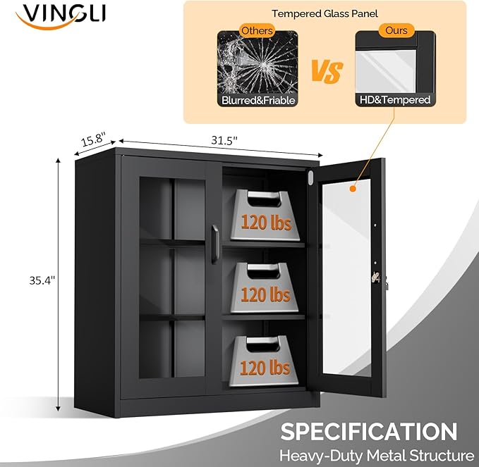 VINGLI Lockable Display Cabinet with Glass Door & 3ble Shelves, 35.5" H Metal Storage Cabinet Curio Liquor, Bookshelf Bookcase for Home Office Living Room Pantry Garage (Black)