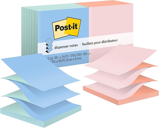 Post-it Pop-up Notes, 12 Sticky Note Pads, 3 x 3 in., School Supplies, Office Products, Accordion Sticky Notes Work with Pop-Up Note Dispenser, Beachside Café Collection, Alternating Colors