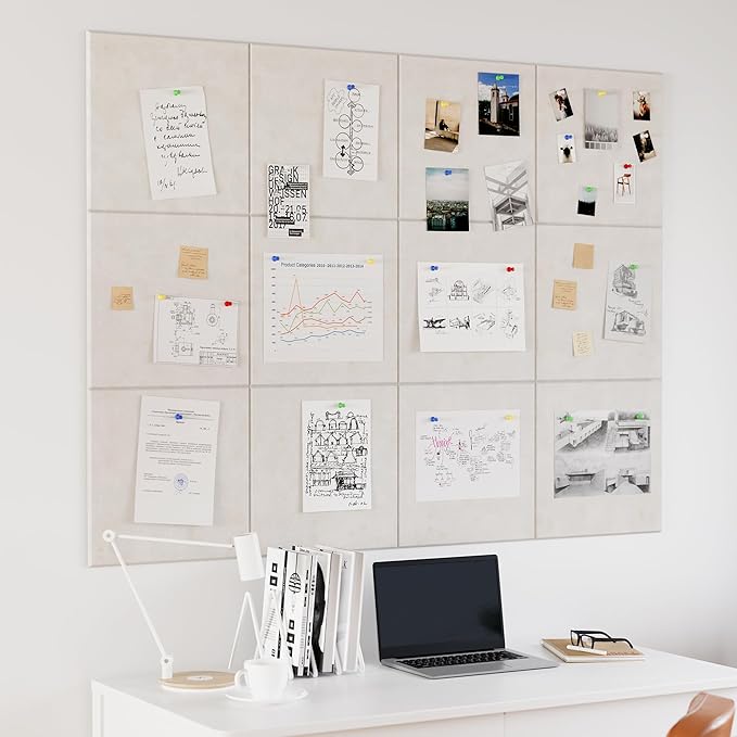 Large Cork Board for Wall, 48" x 36" Bulletin Board with Pushpins, 12 Panels Felt Tiles Tack Push Pin Board for Office, Light Tan