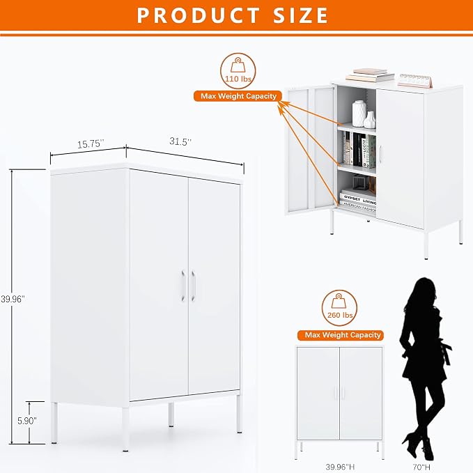 Washsemba Metal Storage Cabinet with Doors and Shelves,Multipurpose Storage Rack, 3-Tier Shelf,Metal Locker Style Accent Cabinet for Home Office,Living Room,Kitchen(White, 40''H)