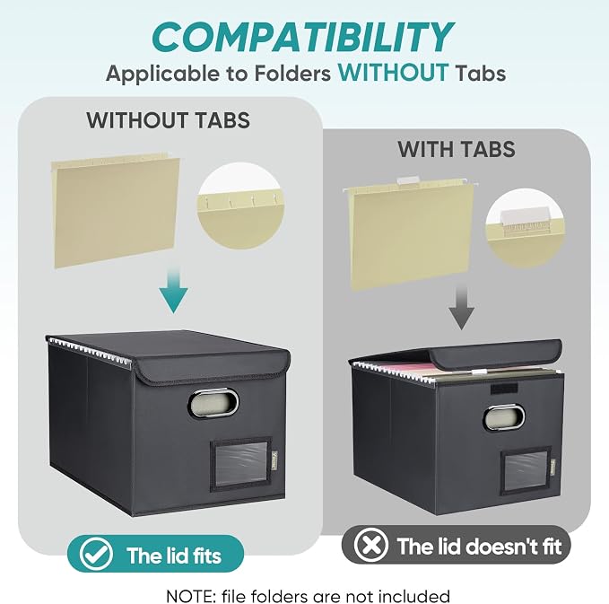 BALEINE File Organizer Box with Lid, Collapsible File Folder Organizer with Plastic Slide, Hanging File Folder Box for Office Document Storage (1 Pack, PU, Black)
