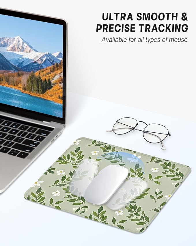 Mouse Pad, Cute Mouse Mat, 10" x 8", Green Flower | Square Waterproof Gaming Computer Mat, Textured Top, Stitched Edges, Non-Slip Rubber Base for Office Home Laptop Keyboard
