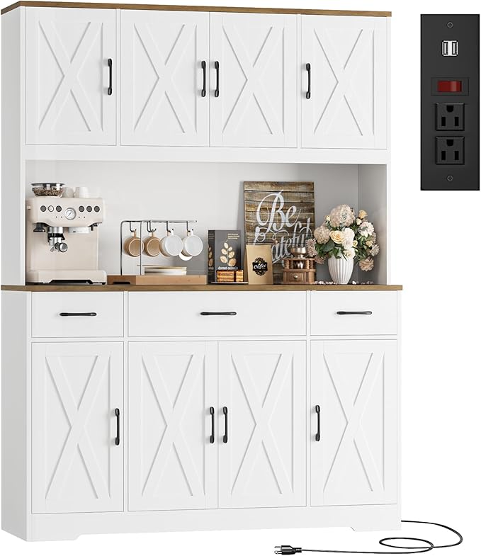HOSTACK 71" Tall Pantry Cabinet with Charging Station, 55" Wide Kitchen Pantry Storage Cabinet with Countertop, Large Kitchen Hutch with Storage Drawers and Microwave Stand for Dining Room, White
